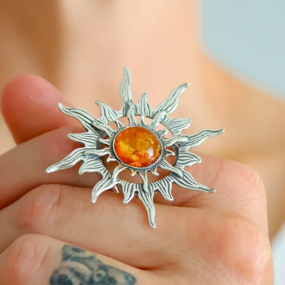 Baltic Amber Sun Ring in 925 Sterling Silver- Adjustable Size
